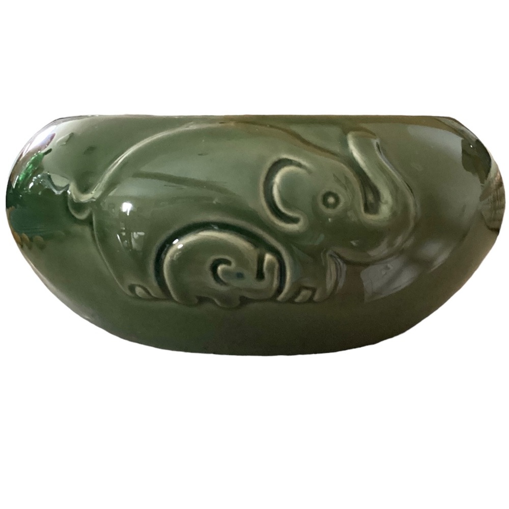 Majolica Elephant Mother And Baby Embossed Ceramic Planter Green Vintage EUC